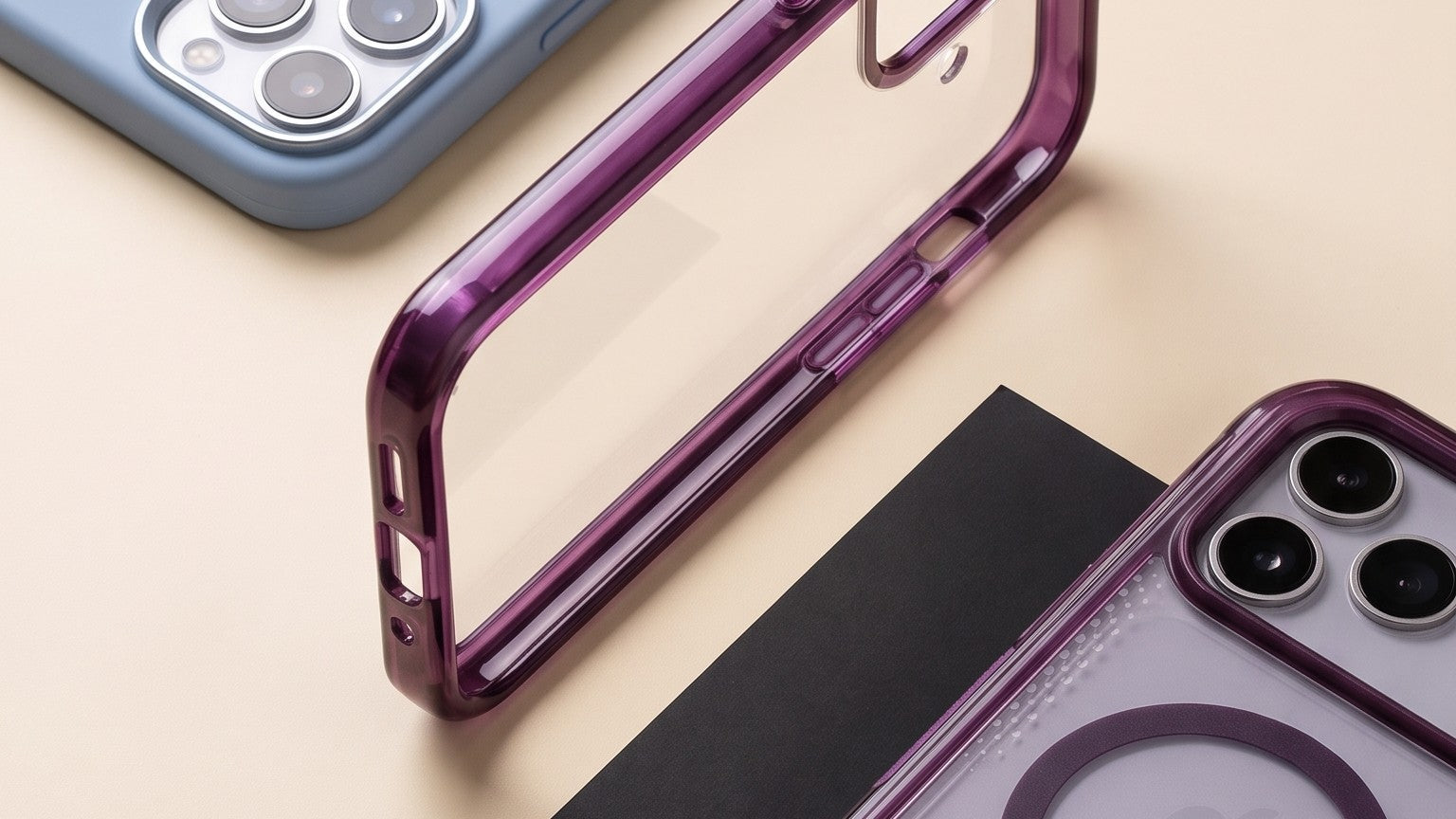 MuvTech iPhone 17 cases in blue, clear and purple showing raised metal camera rings and MagSafe ring