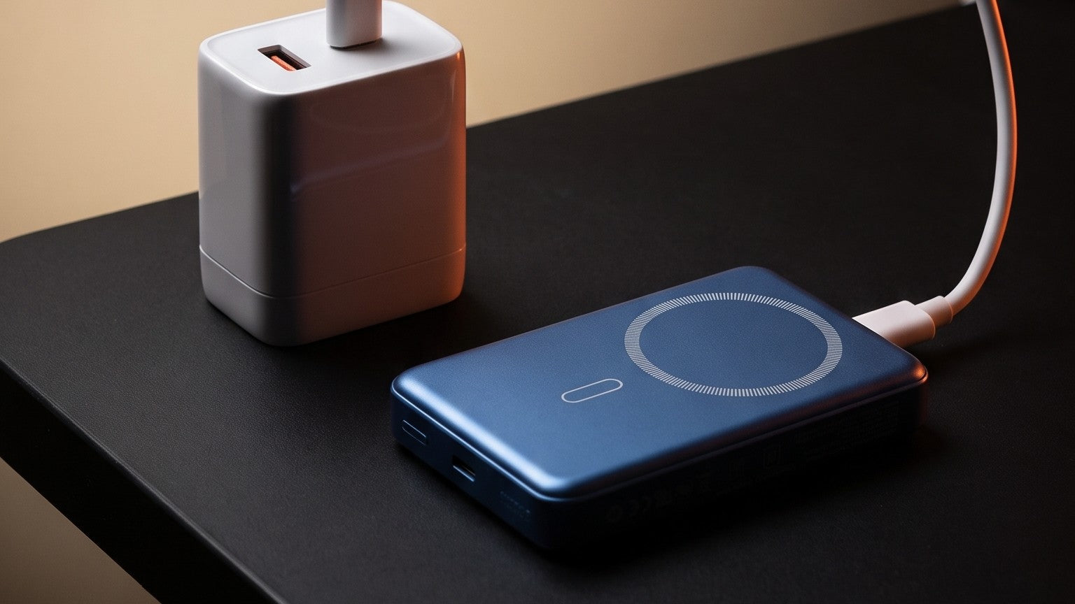 MuvTech GaN wall charger connected by USB-C cable to a magnetic power bank on a matte black desk