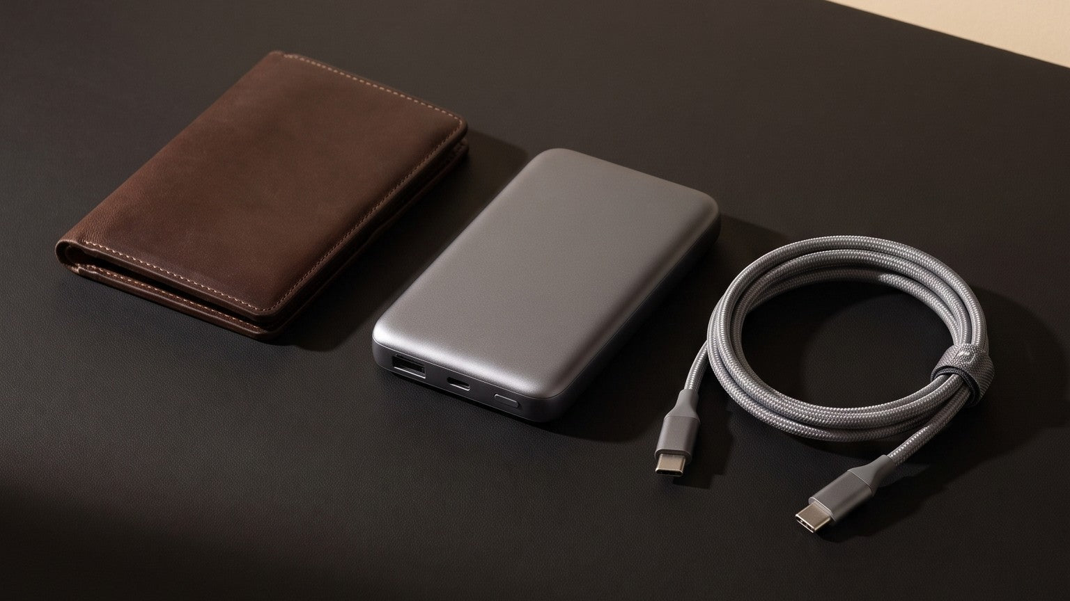MuvTech TANK power bank, leather wallet and USB-C cable laid out on a matte black surface for travel