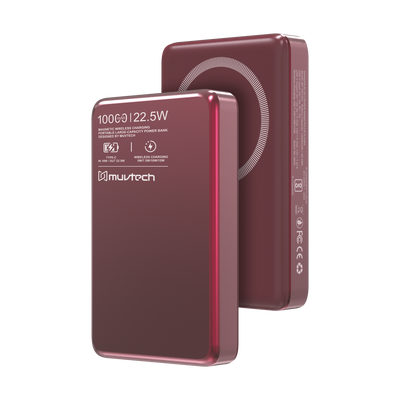 Muvtech Orion 10,000mAh magnetic power bank in Burgundy, angled front and back view