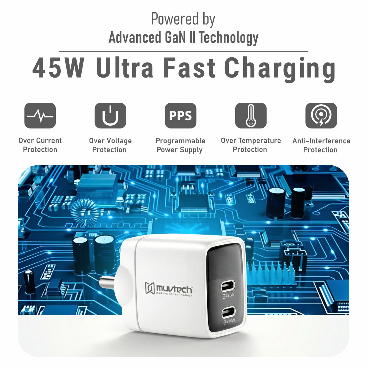 Air Cube 45W Dual‑Port GaN Charger – Ultra‑Fast Charging for Smartphones, Tablets & Laptops