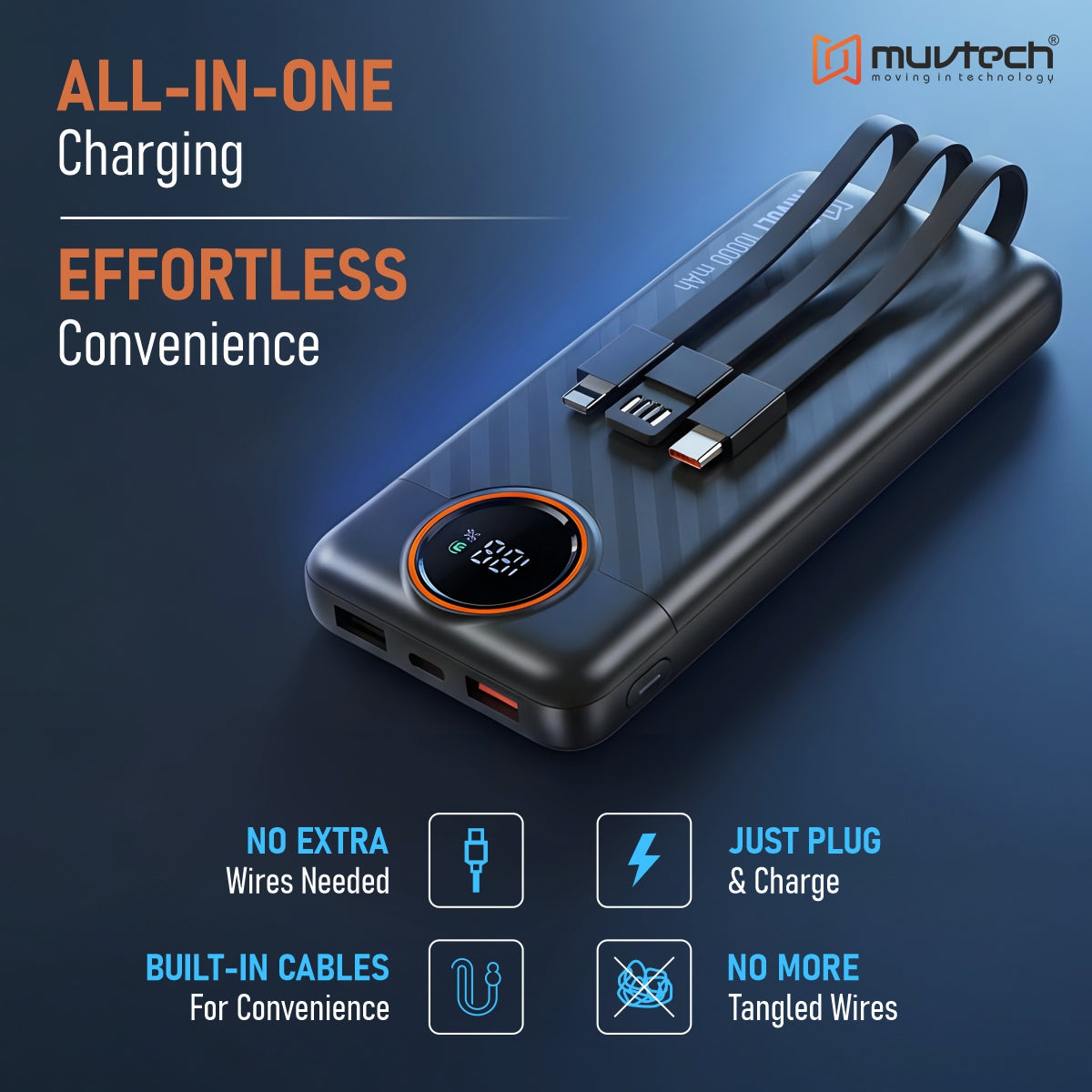 TriVolt 10000mAh Power Bank With built-in Cables.