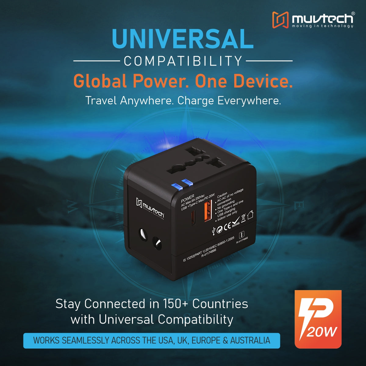 World Travel Adapter, 20W Universal World Charger with Fast Charging & Multiple Plug Options.