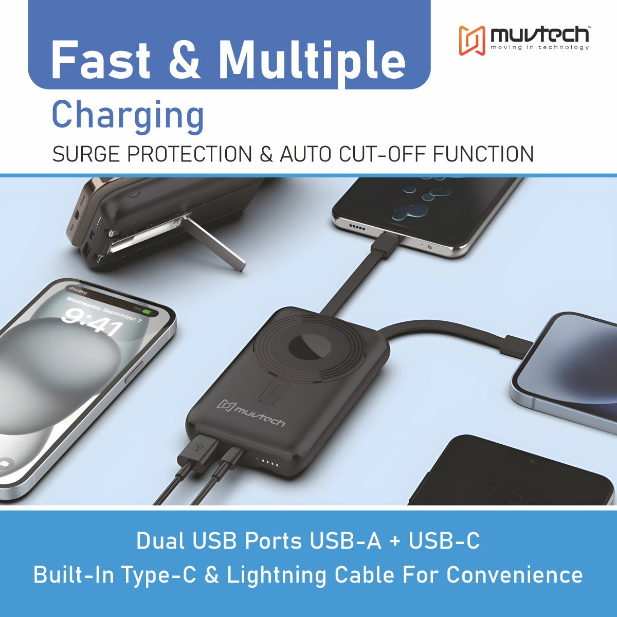 Pocket Link 10000mAh Power Bank with Cables