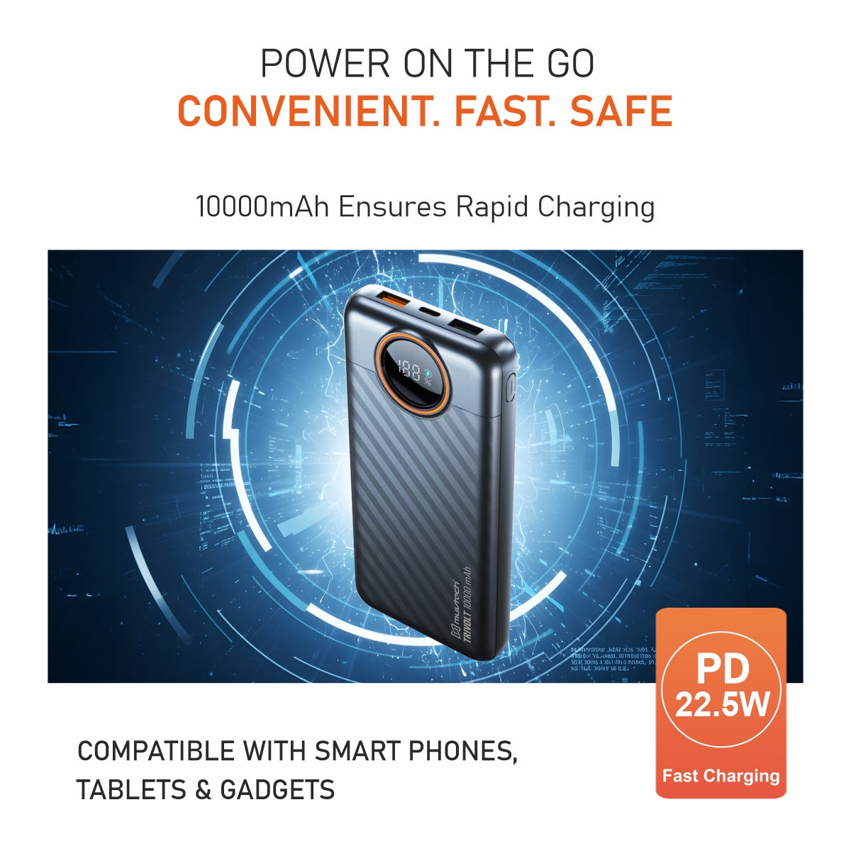TriVolt 10000mAh Power Bank with Built-in Cables