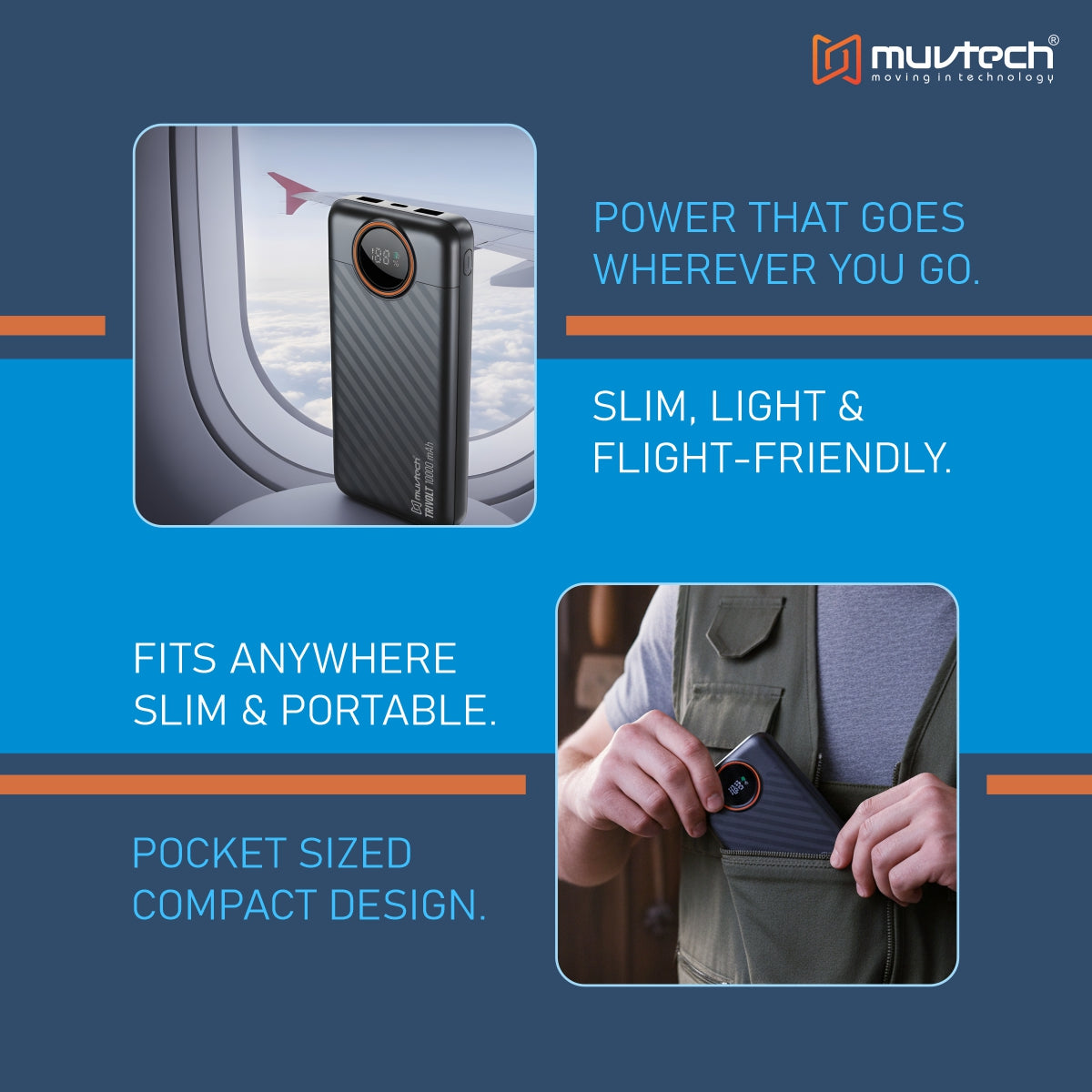 TriVolt 10000mAh Power Bank With built-in Cables.