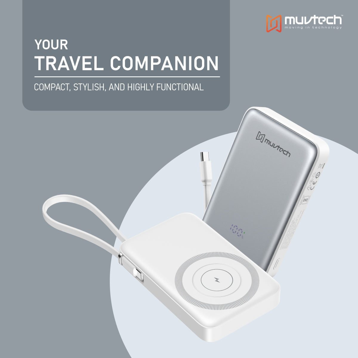 Slimsonic 10000mAh Mag-Safe Power Bank With Built-in Cable.