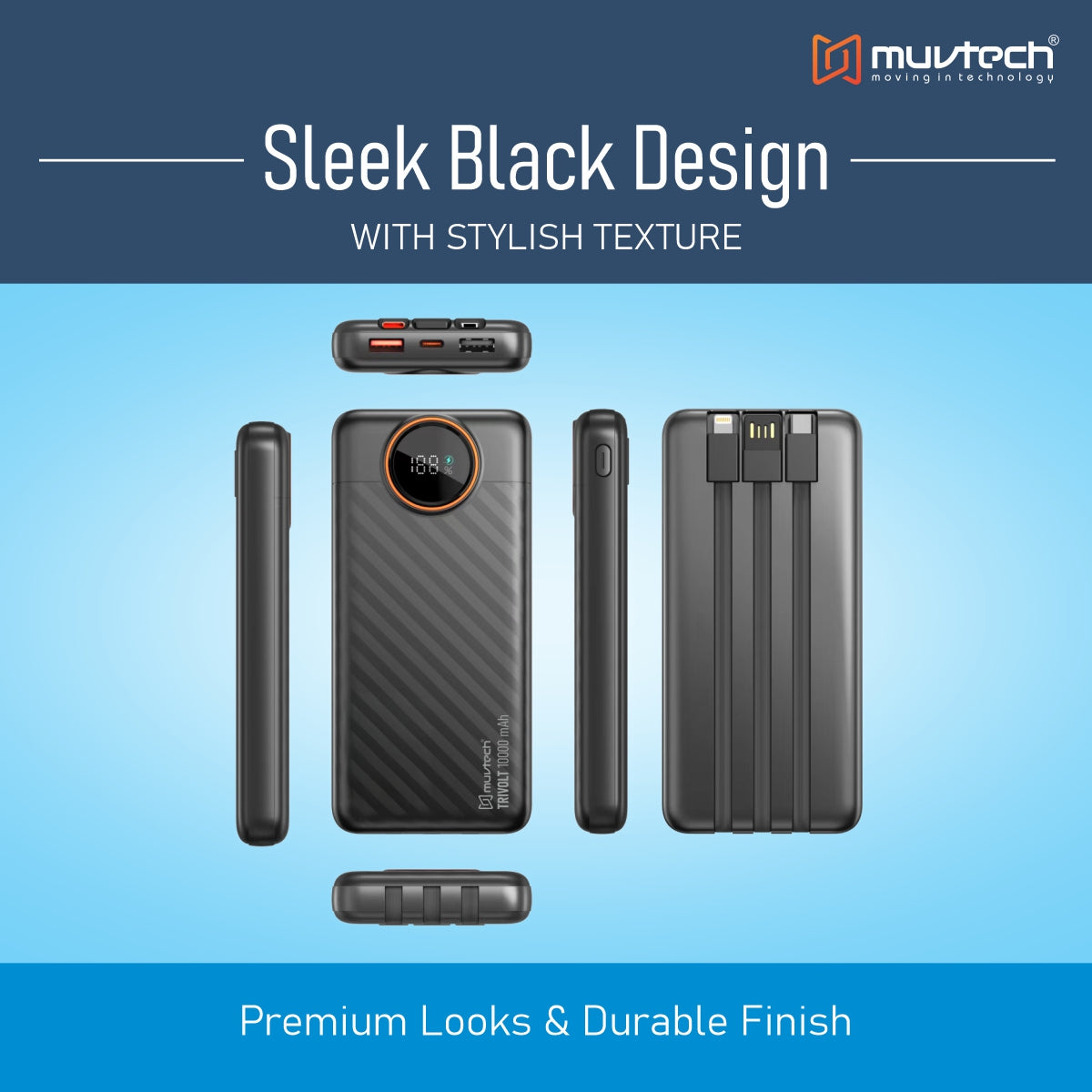 TriVolt 10000mAh Power Bank With built-in Cables.