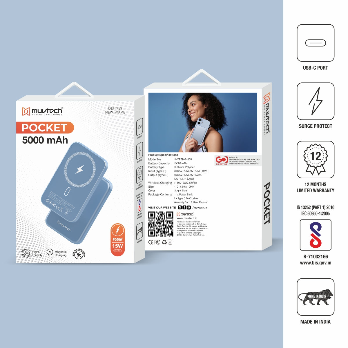 Pocket 5000mAh Power Bank | 15W Mag-Safe Wireless Charging Power Bank