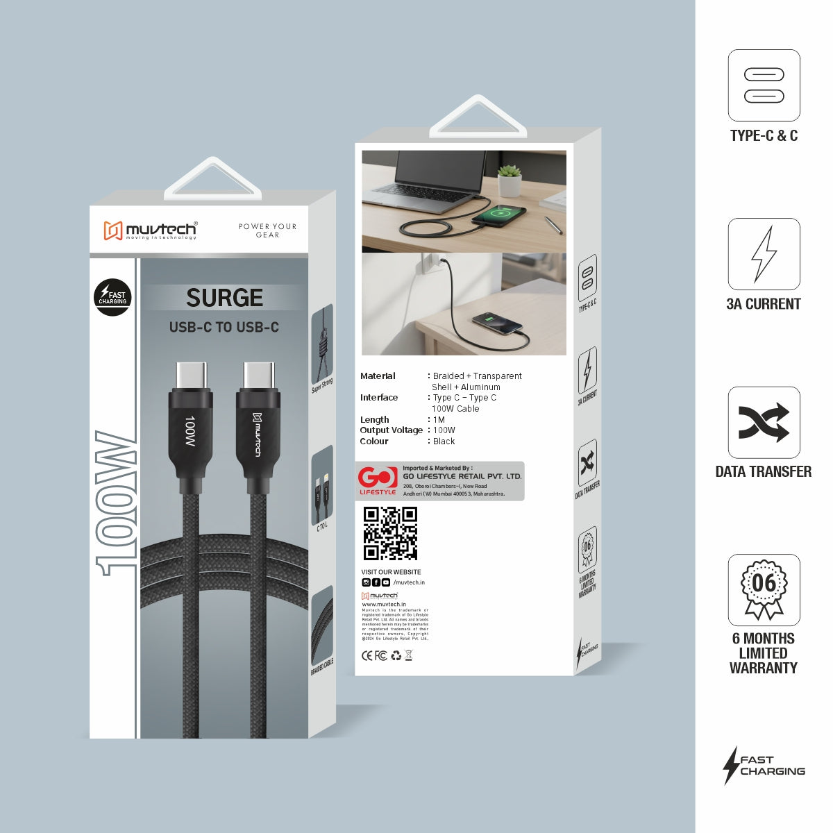 Surge 100W Fast Charging Braided Cable – Type-C to Type-C- 1 Meter