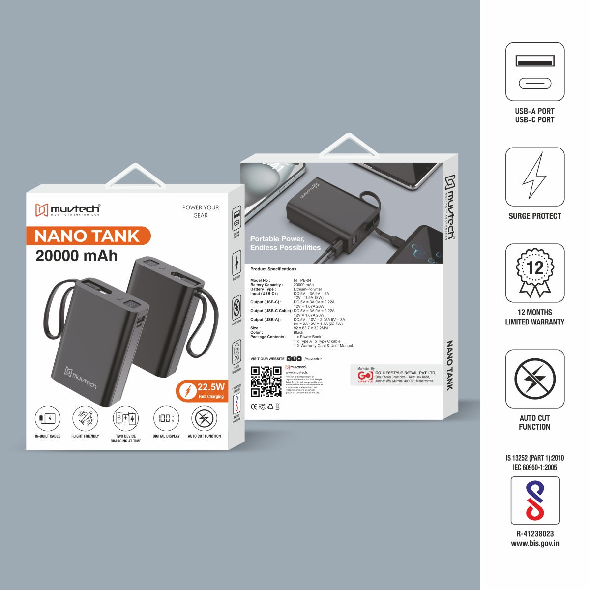 Nano Tank 20000mAh Power Bank with Built-in Cable.