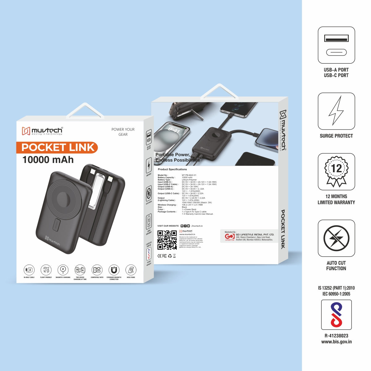 Pocket Link 10000mAh Power Bank with Cables
