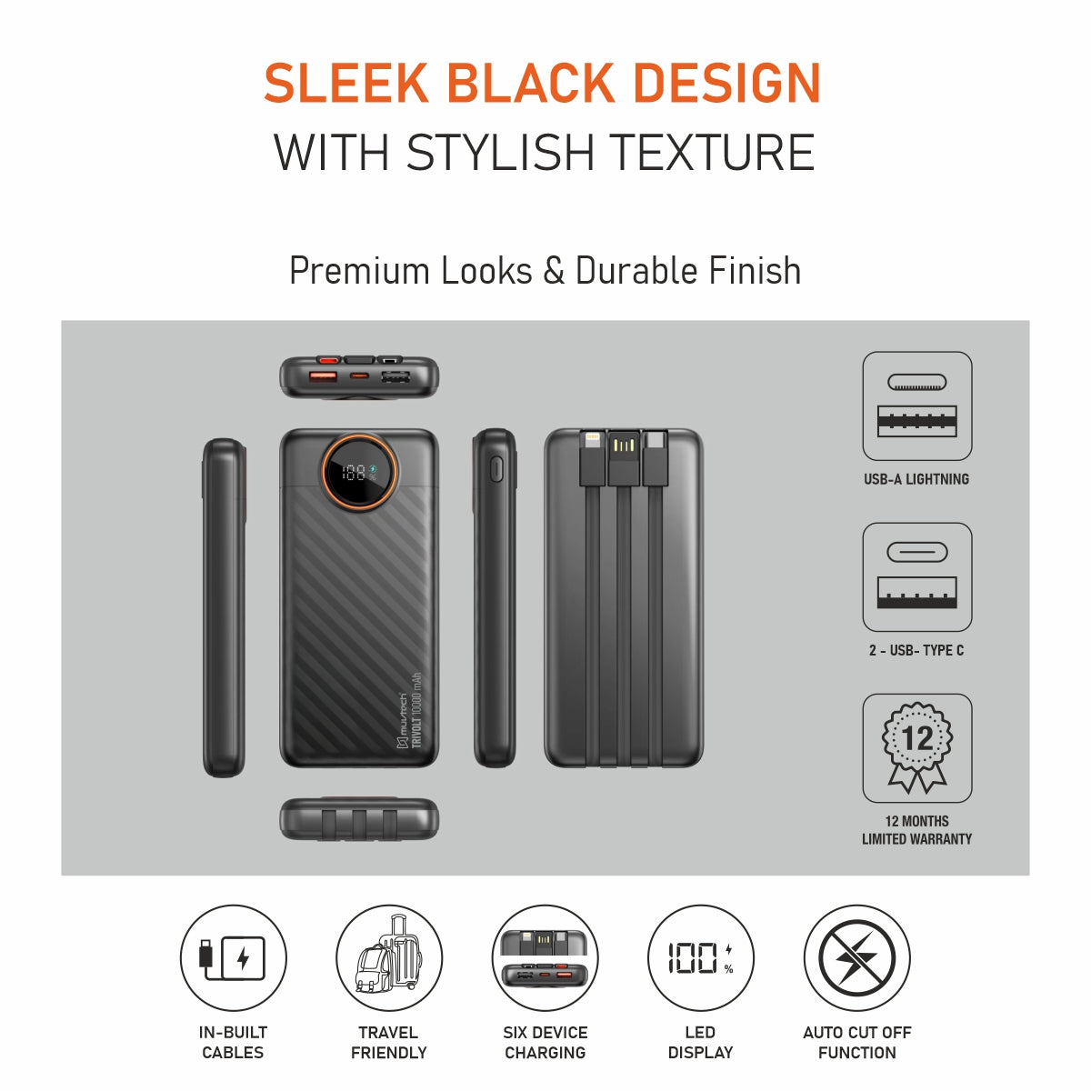 TriVolt 10000mAh Power Bank with Built-in Cables