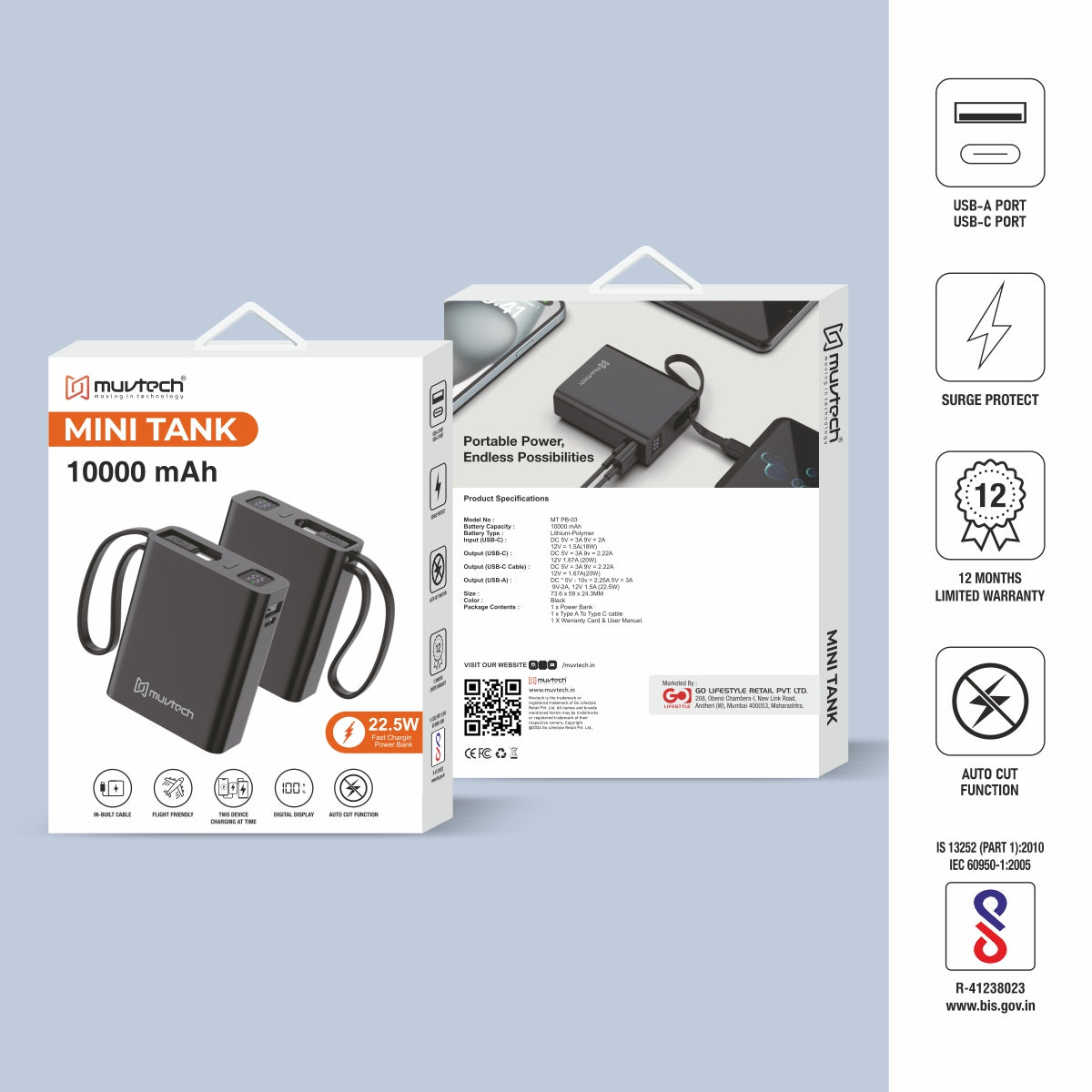 Mini Tank 10000mAh Power Bank with Built-in Cable.