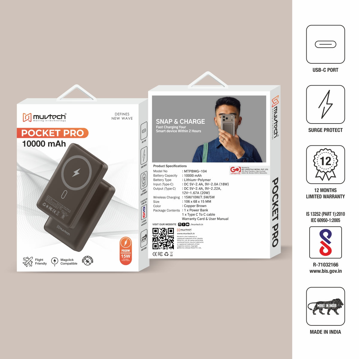 Pocket Pro 10000mAh 15W Mag-Safe Wireless Charging Power Bank