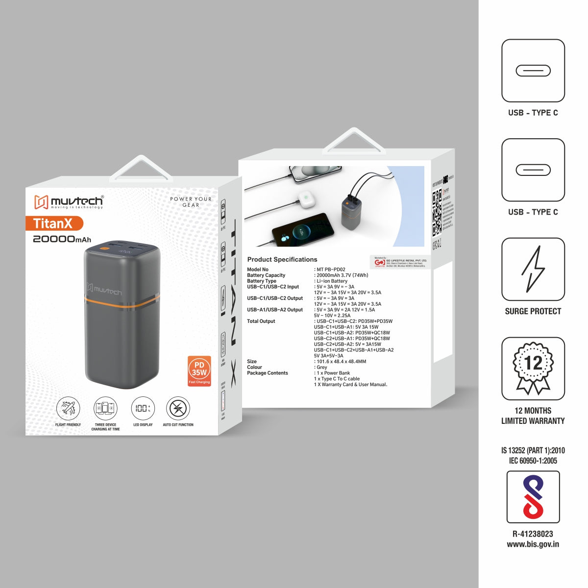 TitanX 20000mAh Power Bank | PD & QC Fast Charging | 4 Devices Charging Power Bank