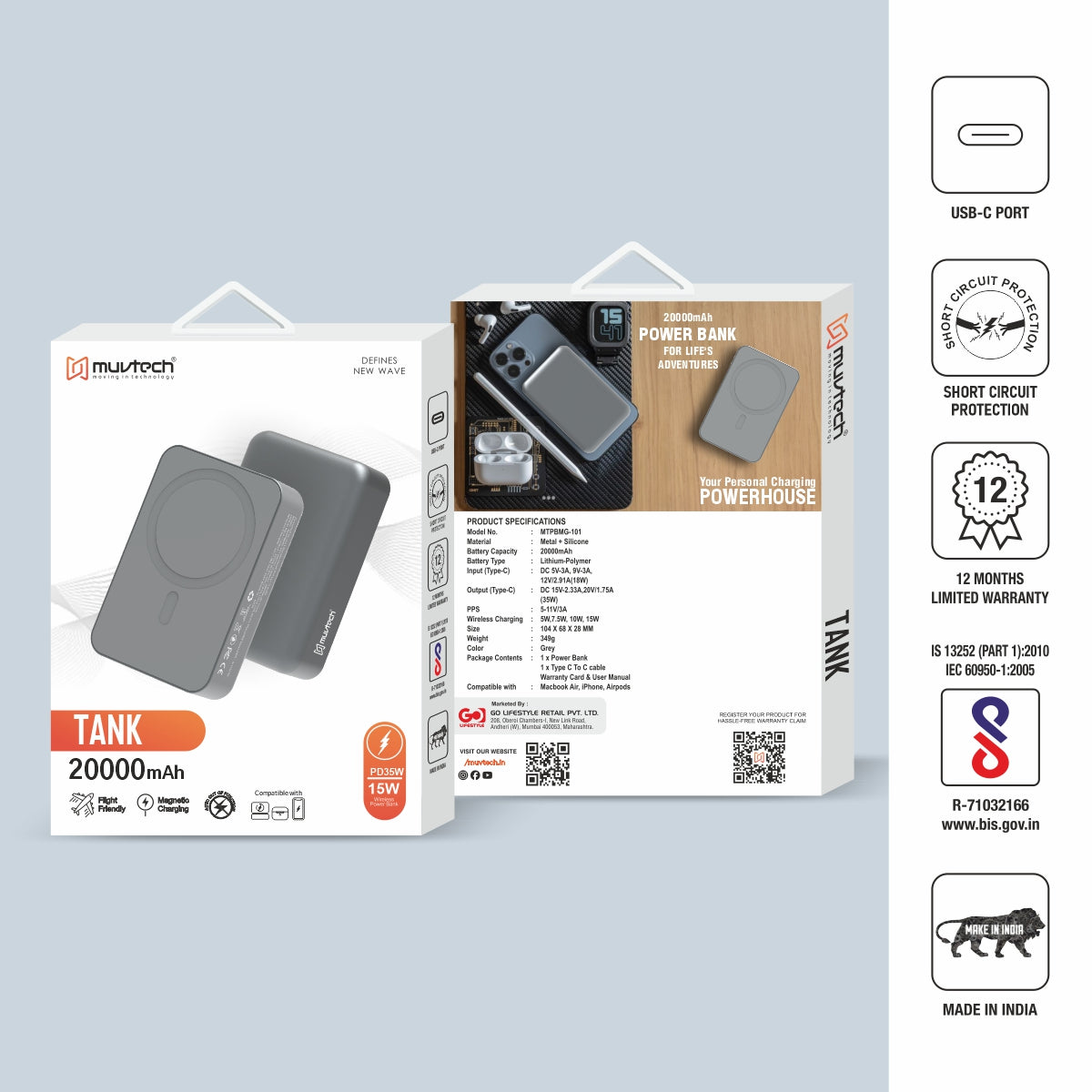 TANK 20000mAh Magnetic 15W Mag-Safe Wireless Charging Power Bank