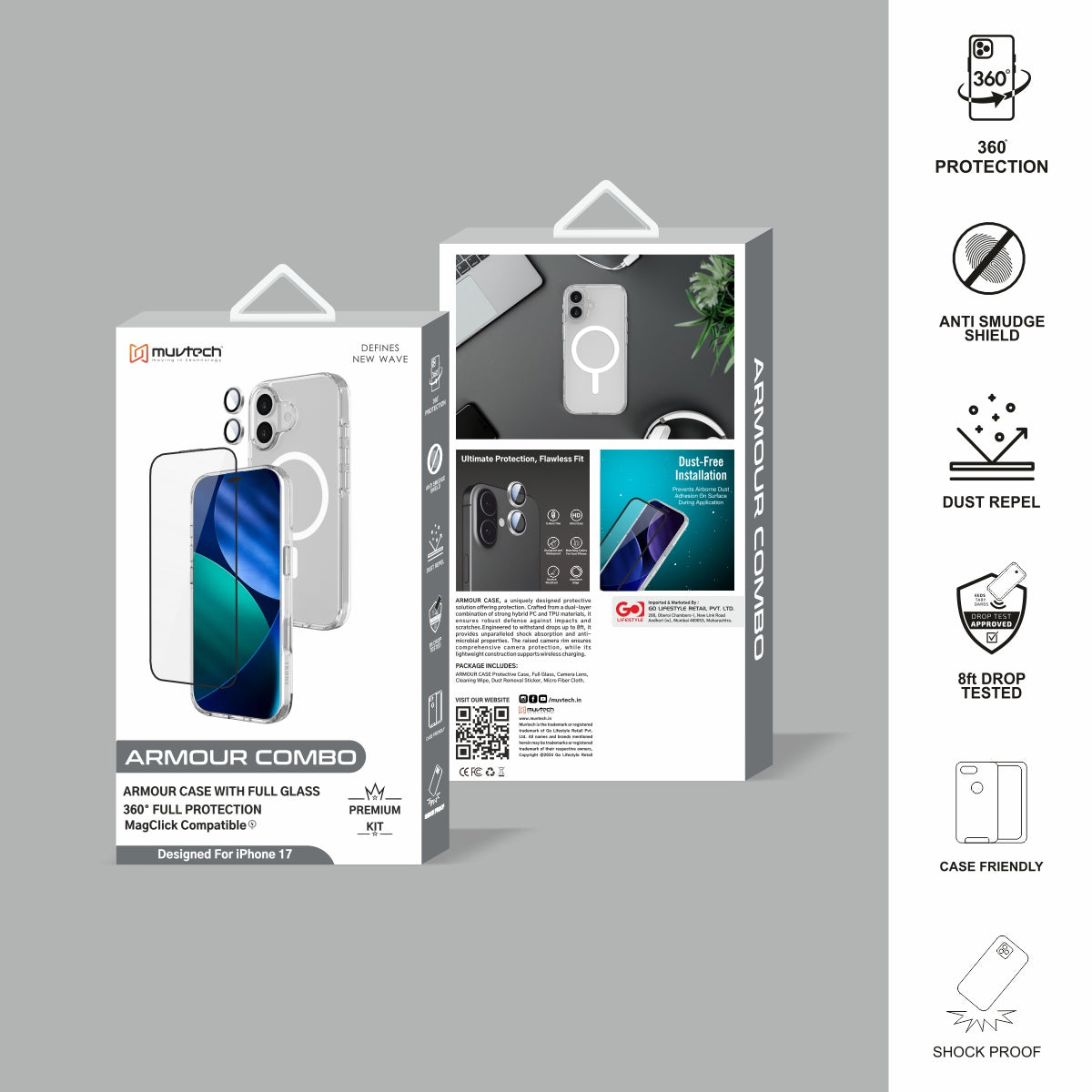 Armour Combo Kit (3 in 1) – 360° Full Protection Case with 9H Tempered Glass & Camera lens | MagSafe Compatible | Designed for iPhone 17