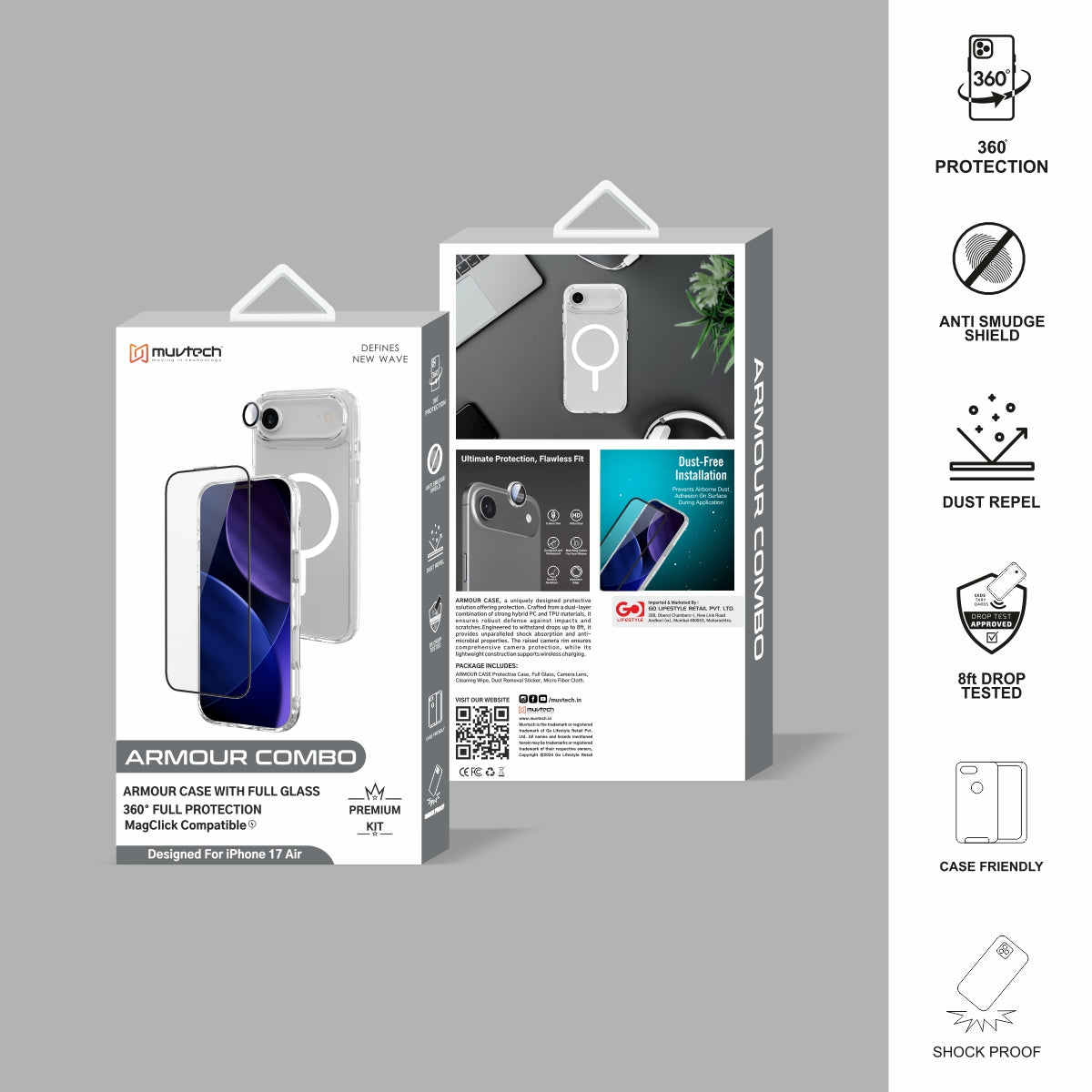 Armour Combo Kit (3 in 1) – 360° Full Protection Case with 9H Tempered Glass & Camera lens | MagSafe Compatible | Designed for iPhone Air