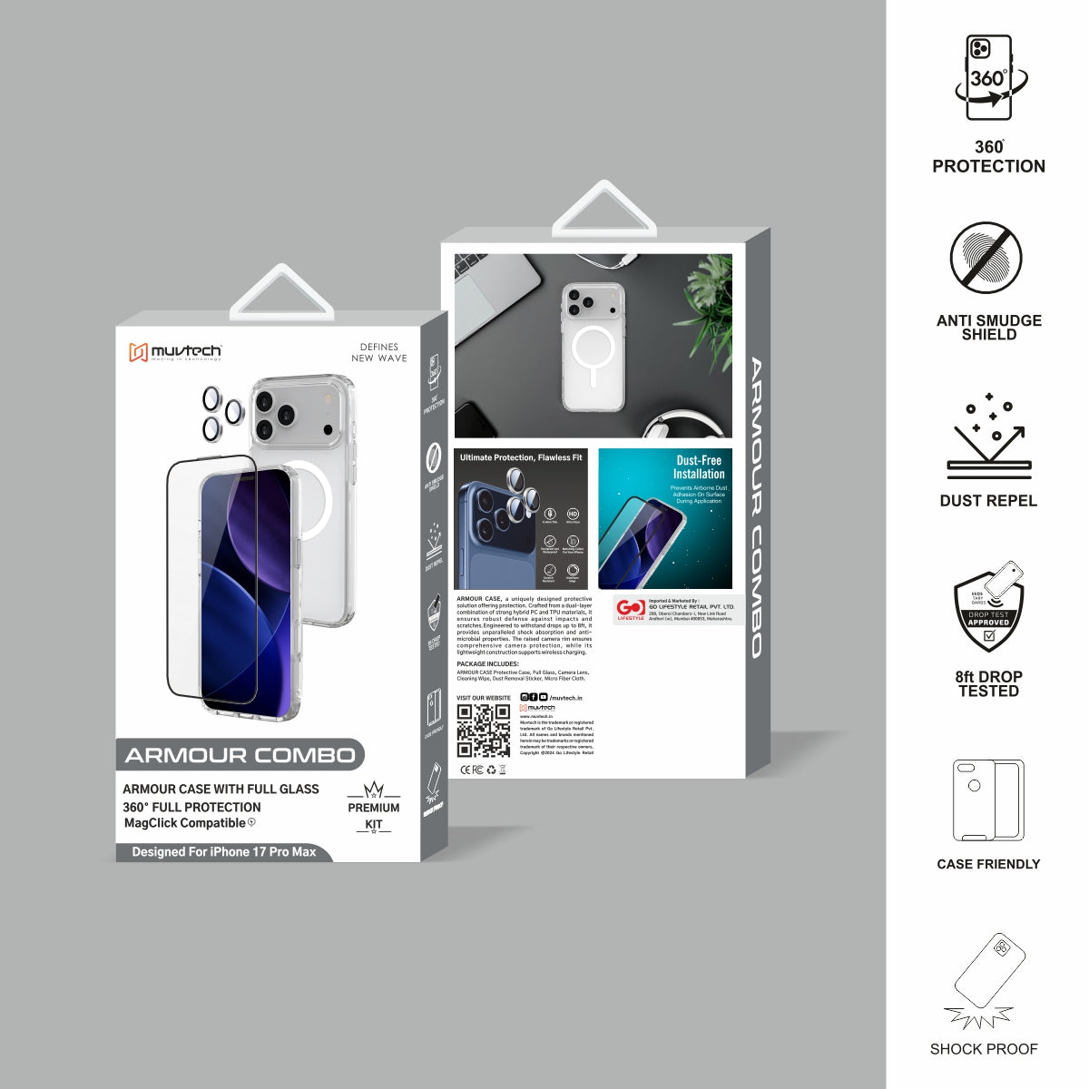 Armour Combo Kit (3 in 1) – 360° Full Protection Case with 9H Tempered Glass & Camera lens | MagSafe Compatible | Designed for iPhone 17 Pro/Pro Max