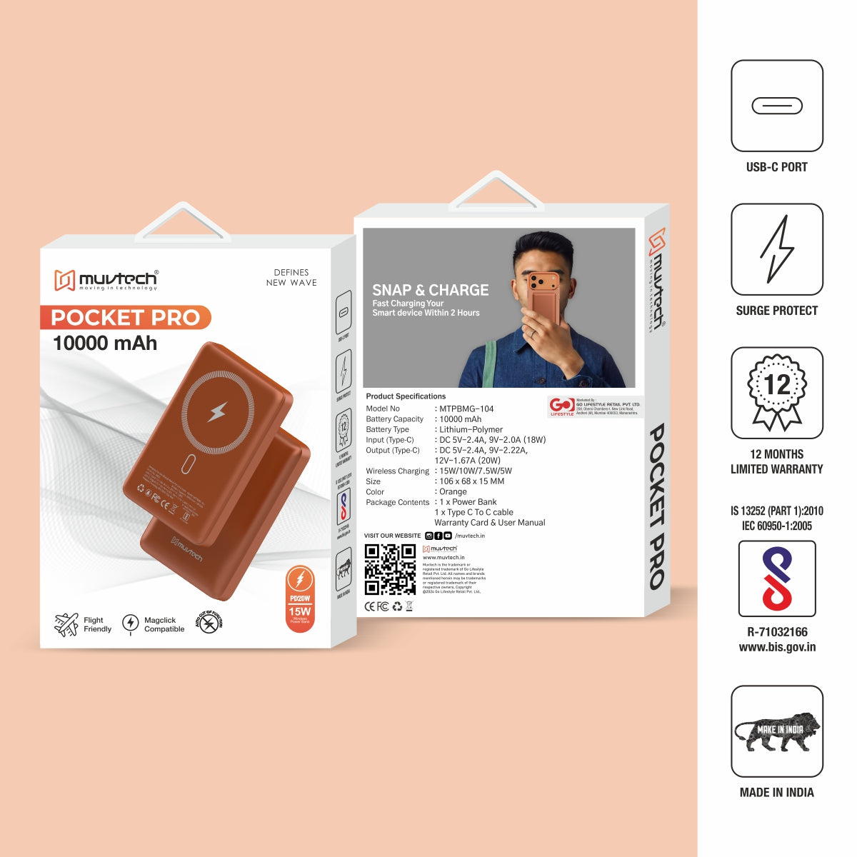 Pocket Pro 10000mAh 15W Mag-Safe Wireless Charging Power Bank