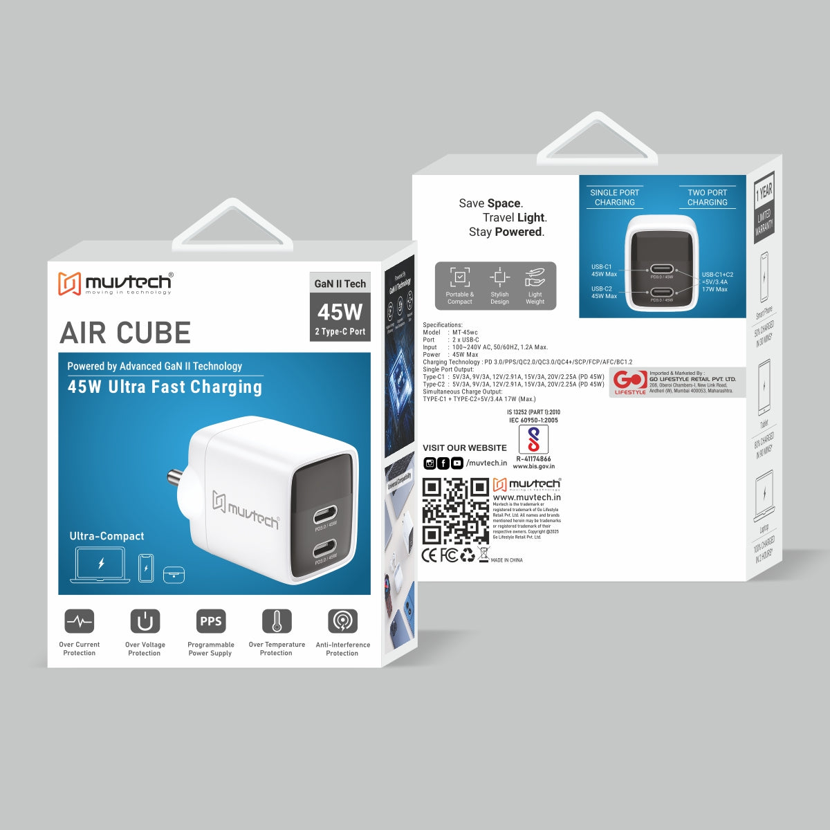 Air Cube 45W Dual‑Port GaN Wall Charger Adapter