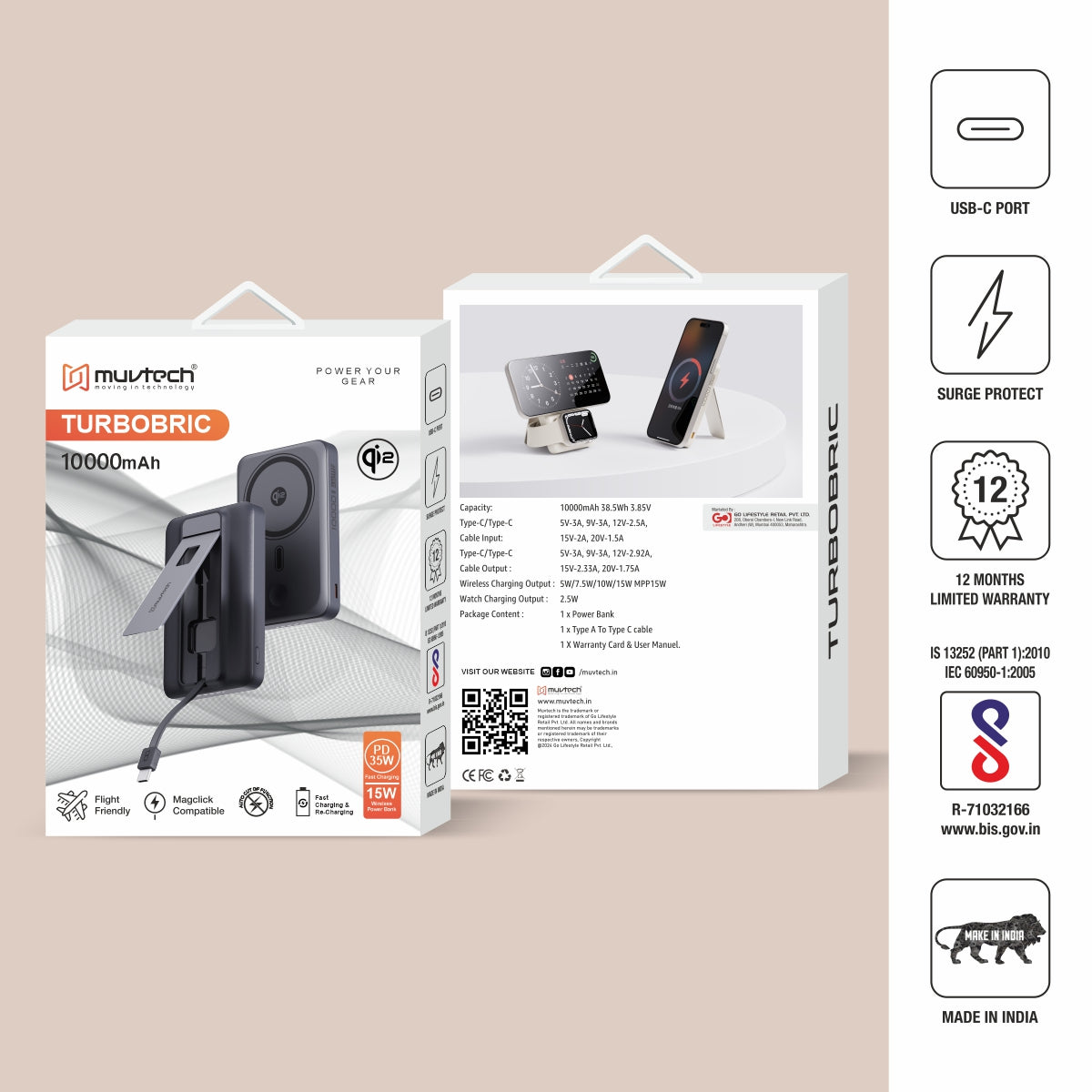 Qi2 Certified TURBOBRIC 10000mAh Mag-Safe Power Bank | 35W PD Fast Charging with Kickstand