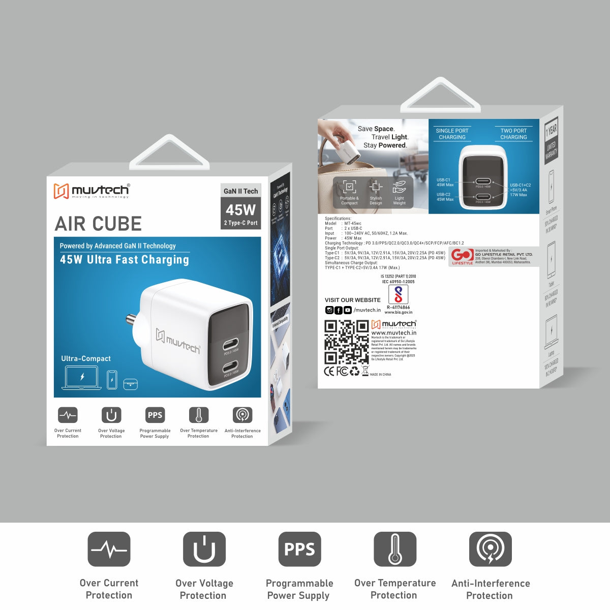 Air Cube 45W Dual‑Port GaN Charger – Ultra‑Fast Charging for Smartphones, Tablets & Laptops