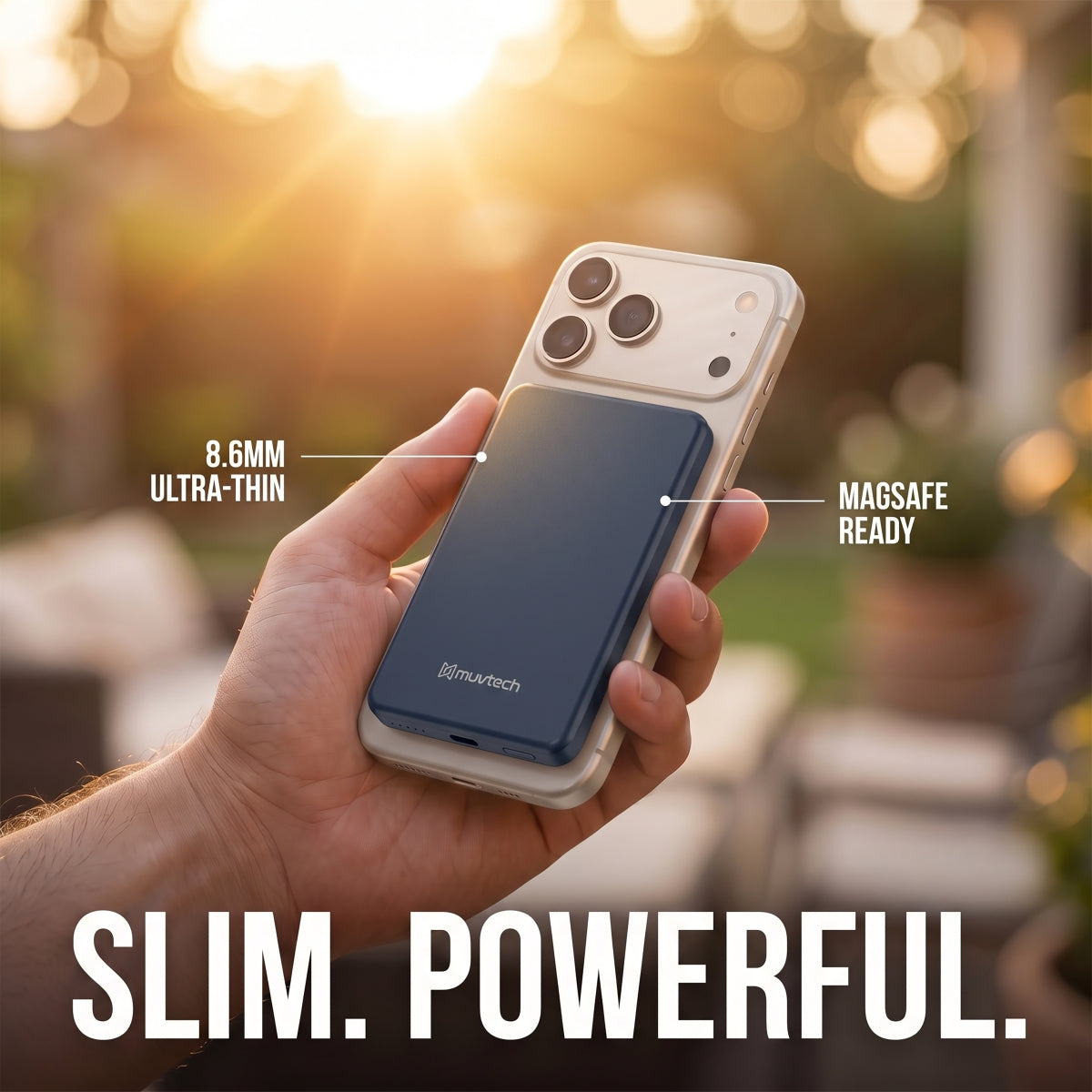 Muvtech AEROSLIM 5,000mAh magnetic power bank in Mood Indigo, held on an iPhone