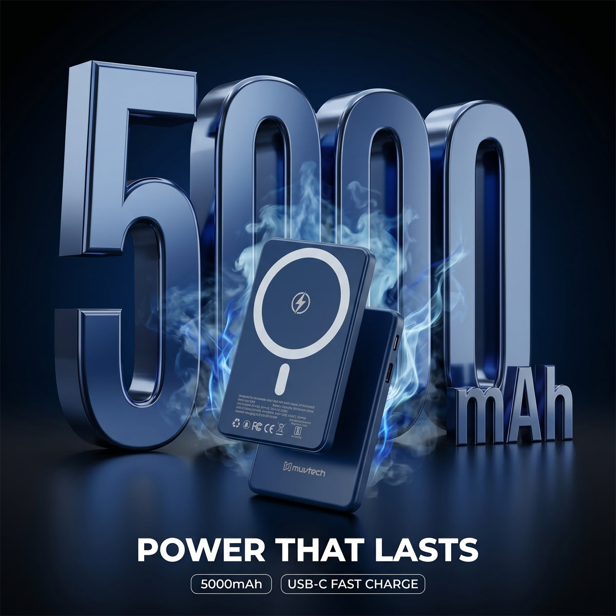 Muvtech AEROSLIM 5,000mAh magnetic power bank in Mood Indigo, 5,000mAh capacity