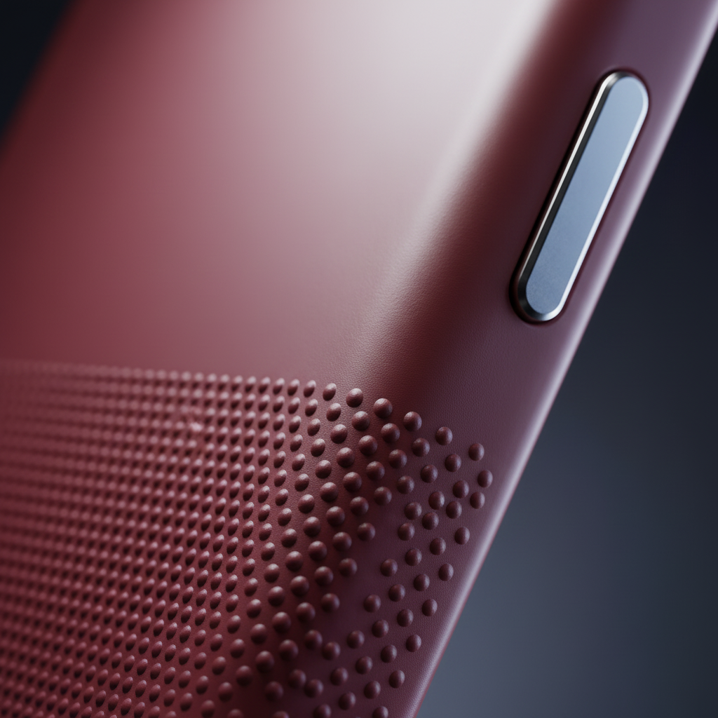 Ditto iPhone 18 Pro case macro showing dot-textured grip and metal side button