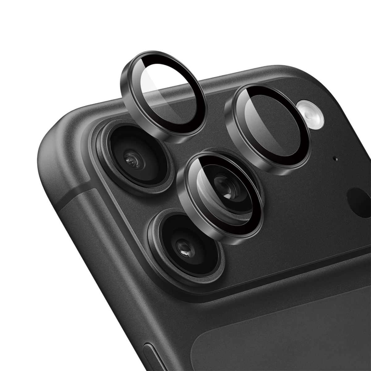 Muvtech IRIS iPhone 18 Pro and Pro Max camera lens protector in Black, angled view of the individual lens rings #Color_Black