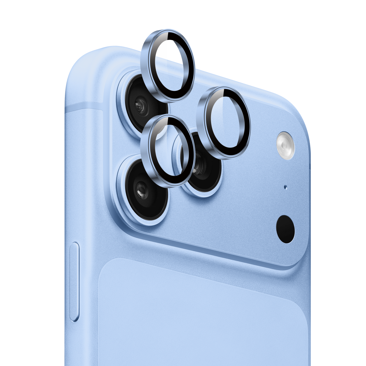 Muvtech IRIS iPhone 18 Pro and Pro Max camera lens protector in Glacier Blue, three camera lens protectors shown above the rear cameras #Color_Glacier_Blue