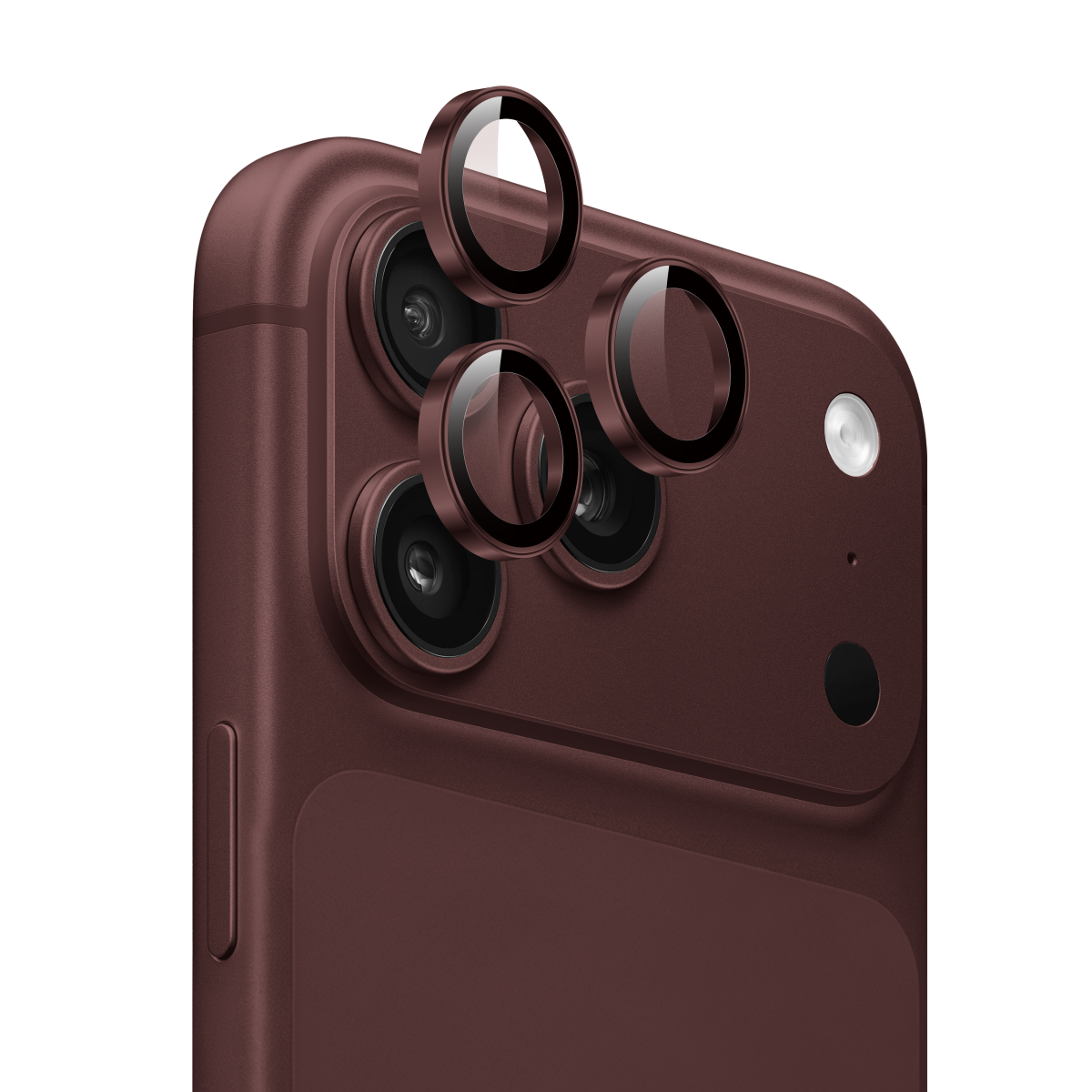 Muvtech IRIS iPhone 18 Pro and Pro Max camera lens protector in Burgundy, three camera lens protectors shown above the rear cameras #Color_Burgundy