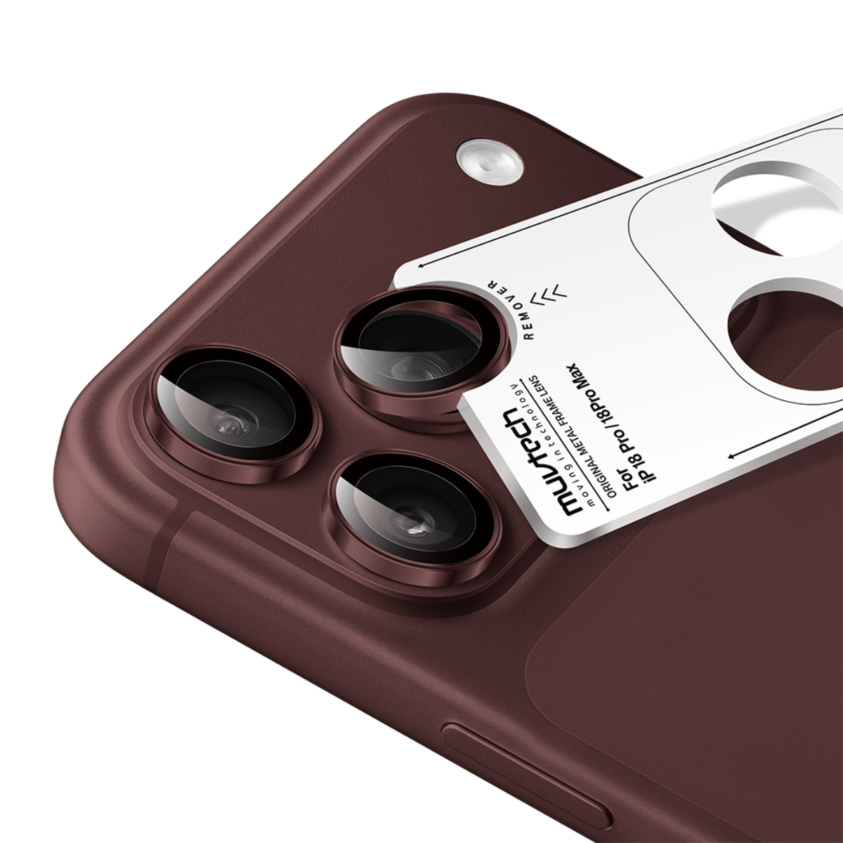 Muvtech IRIS iPhone 18 Pro and Pro Max camera lens protector in Burgundy, camera lens protector set with alignment applicator #Color_Burgundy