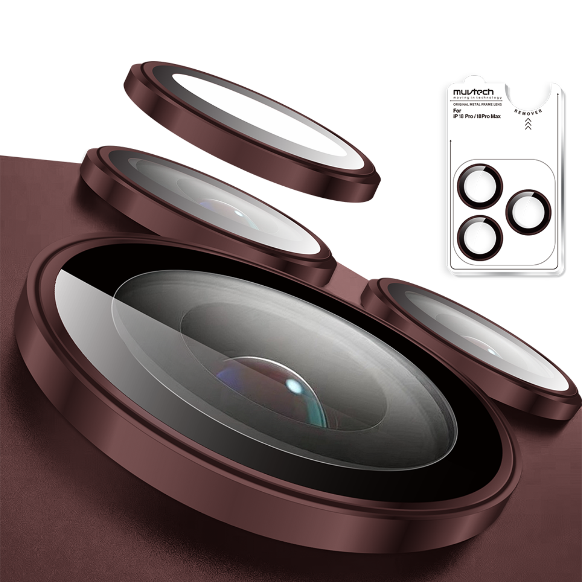 Muvtech IRIS iPhone 18 Pro and Pro Max camera lens protector in Burgundy, close-up of the protective ring and glass construction #Color_Burgundy