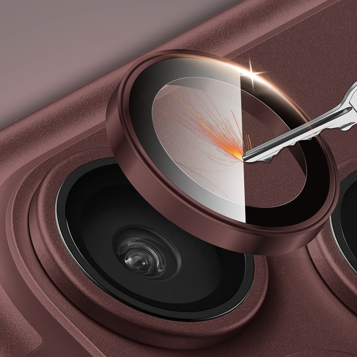 Muvtech IRIS iPhone 18 Pro and Pro Max camera lens protector in Burgundy, scratch-resistance illustration with a key #Color_Burgundy