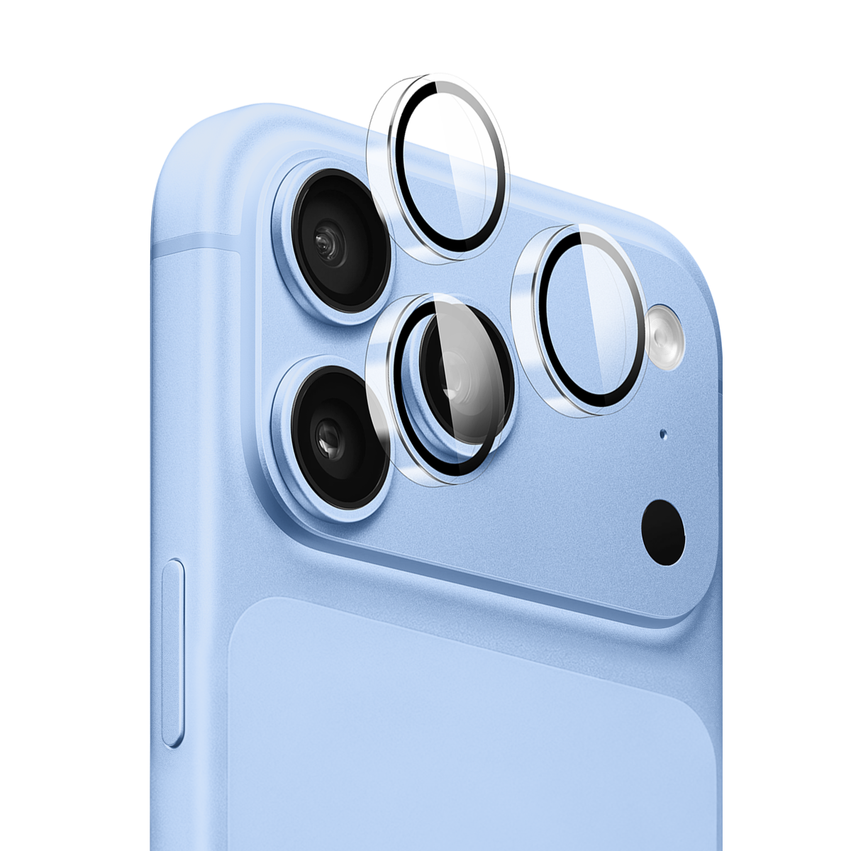 Muvtech IRIS iPhone 18 Pro and Pro Max camera lens protector in Clear, three camera lens protectors shown above the rear cameras #Color_Clear
