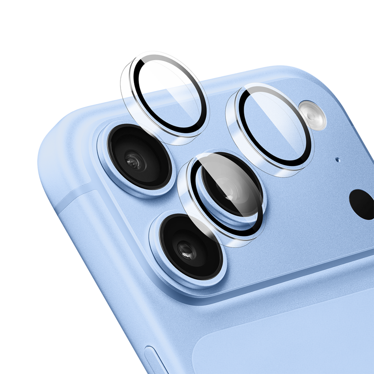 Muvtech IRIS iPhone 18 Pro and Pro Max camera lens protector in Clear, angled view of the individual lens rings #Color_Clear
