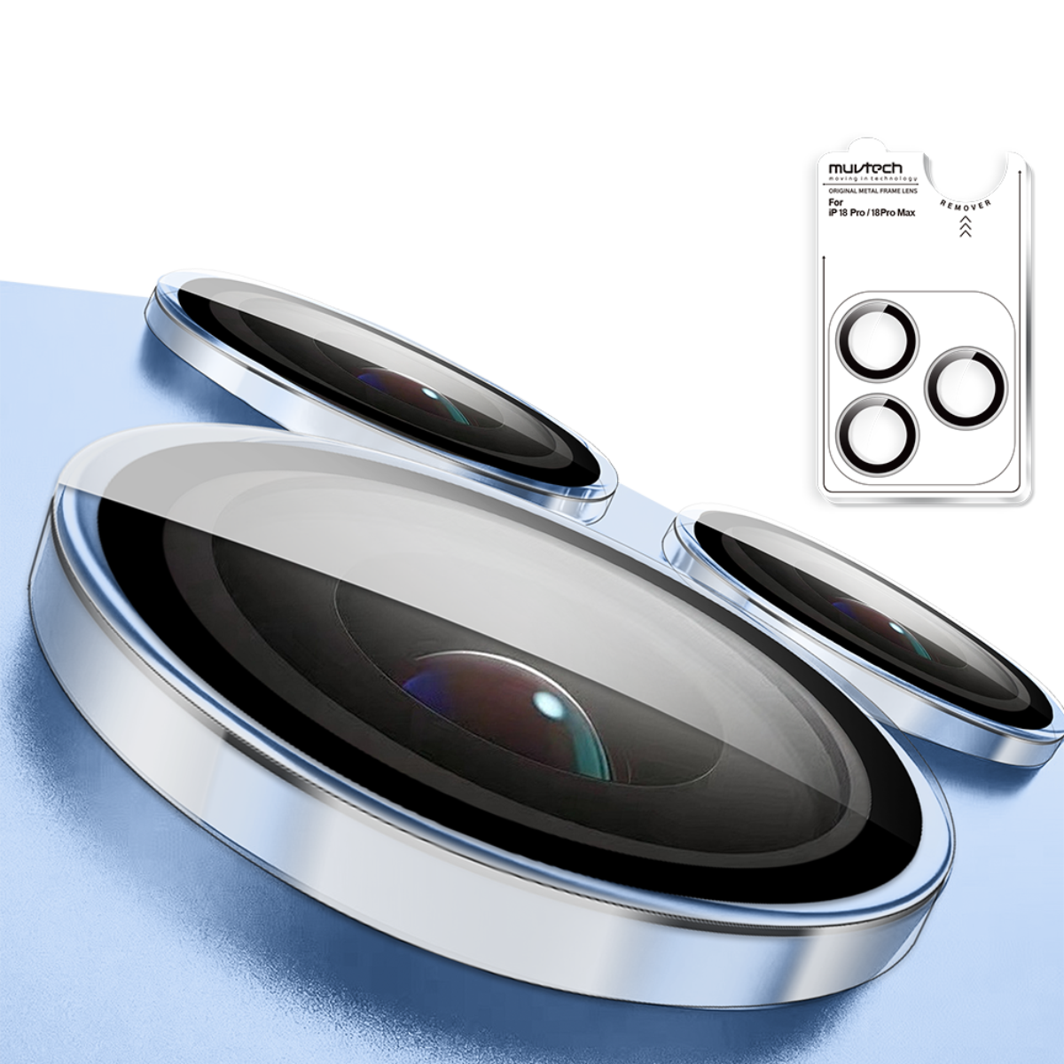 Muvtech IRIS iPhone 18 Pro and Pro Max camera lens protector in Clear, close-up of the protective ring and glass construction #Color_Clear