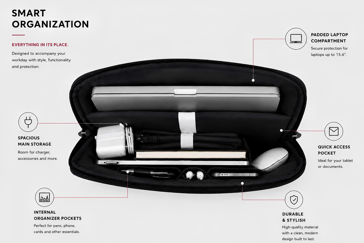 The Loft Laptop Sleeve in Black, padded interior and organiser pockets #Color_Black