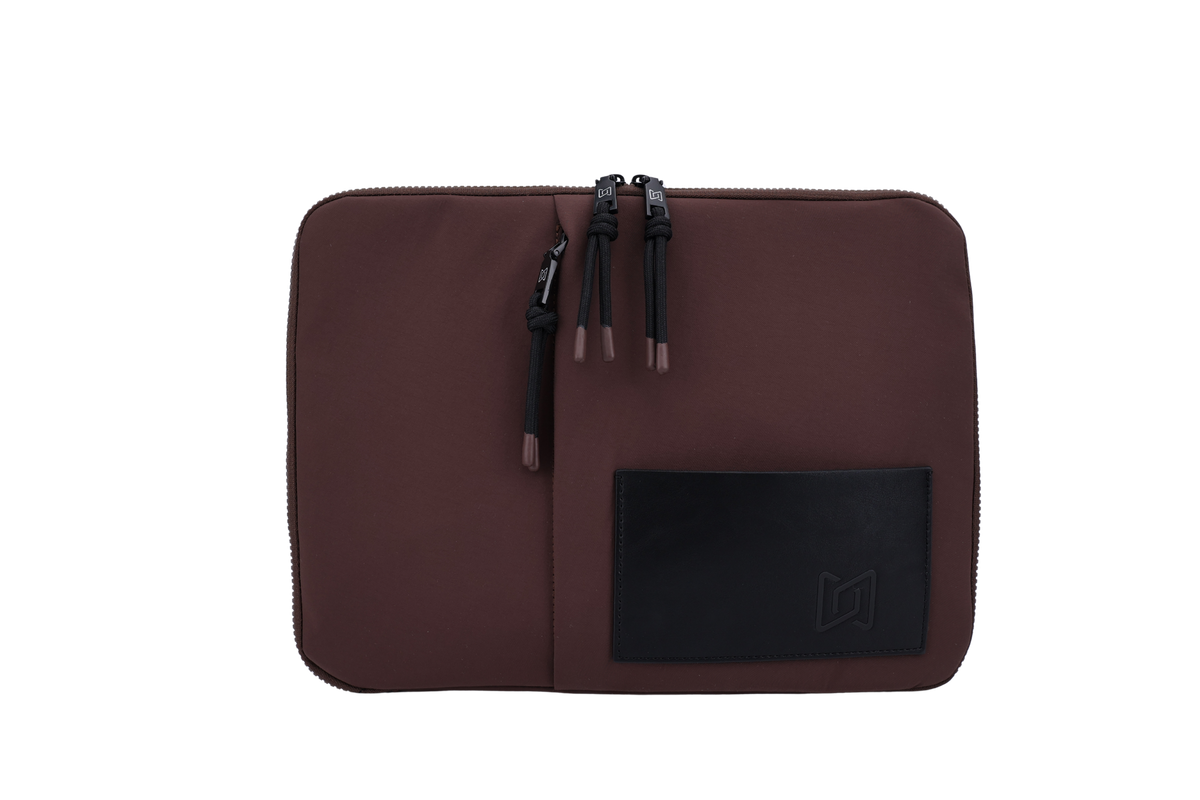 The Loft Laptop Sleeve in Chocolate, front view with PU leather pocket #Color_Chocolate