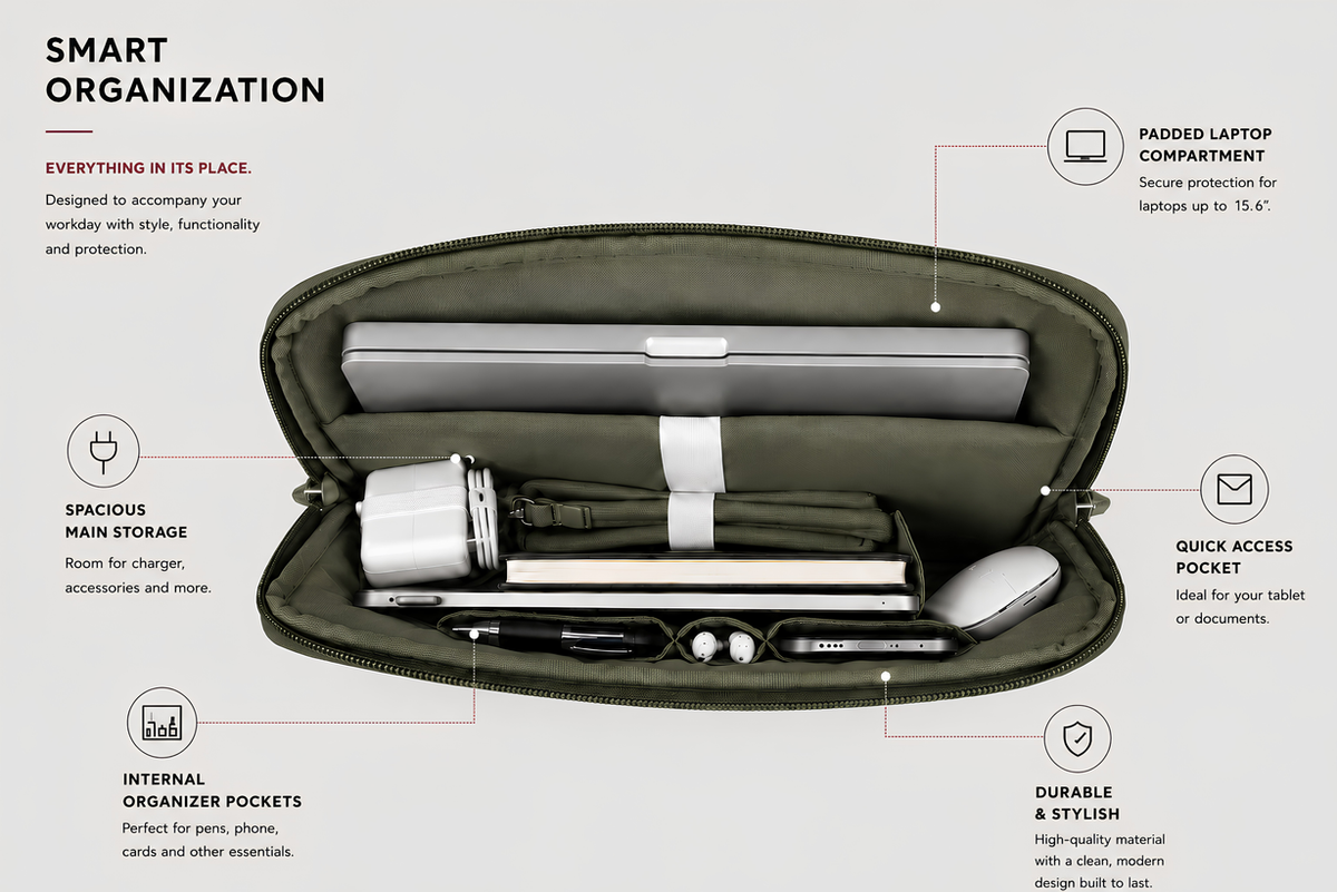 The Loft Laptop Sleeve in Green, padded interior and organiser pockets #Color_Green