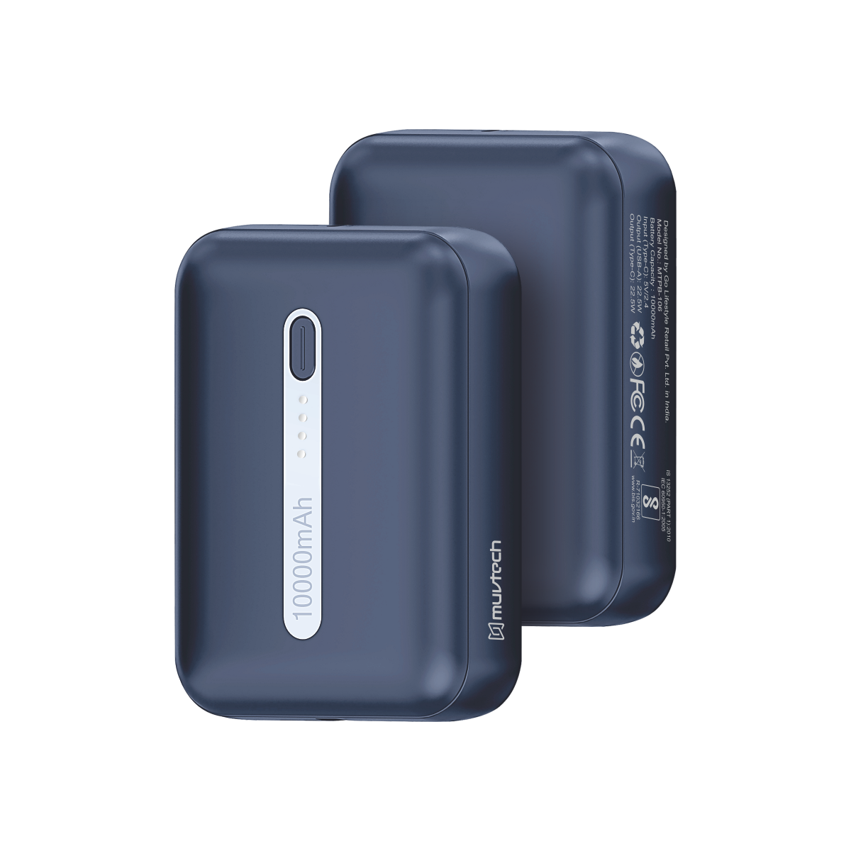Muvtech Zip 10 10,000mAh power bank in Navy Blue, front and back view