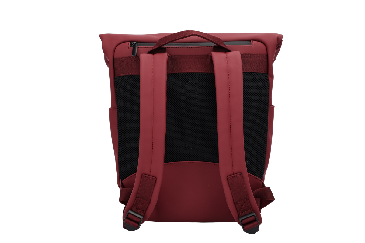 The Outpost Roll-Top Backpack in Burgundy, padded back panel and shoulder straps #Color_Burgundy