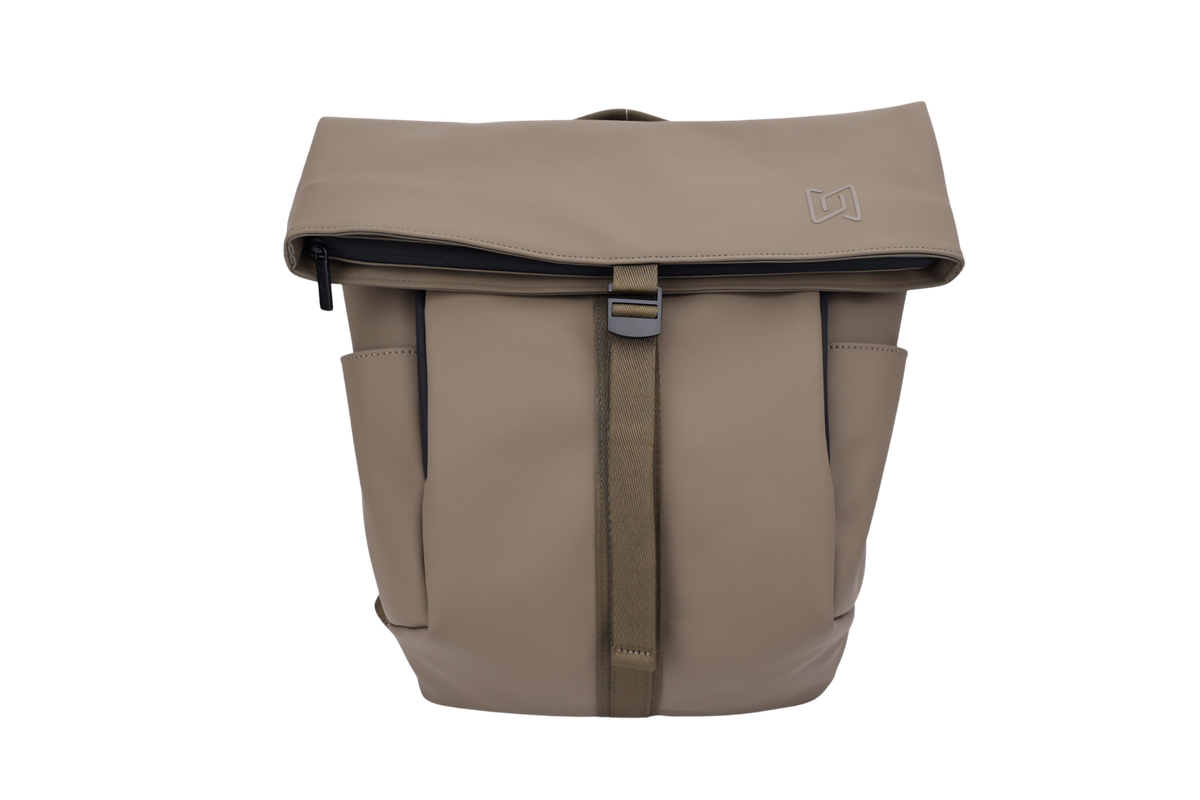 The Outpost Roll-Top Backpack in Beige, front view with retention strap #Color_Beige