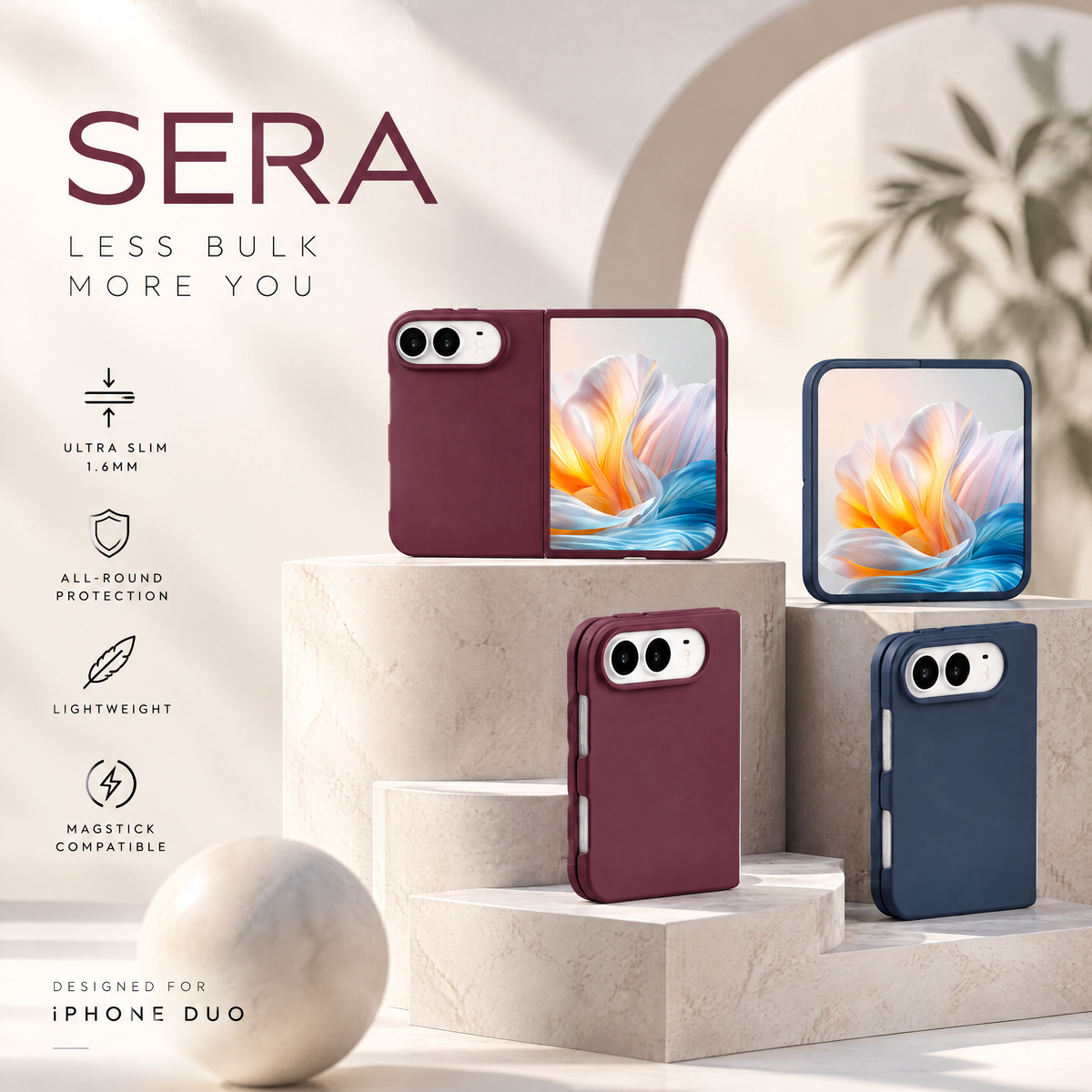 Muvtech Sera cases for iPhone Duo in Burgundy and Navy Blue, 1.6 mm, MagStick compatible