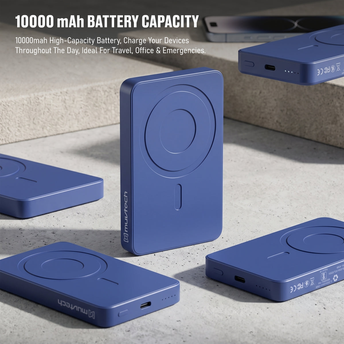 Muvtech Slim Pro 10,000mAh 3-in-1 power bank in Navy Blue, 10,000mAh capacity