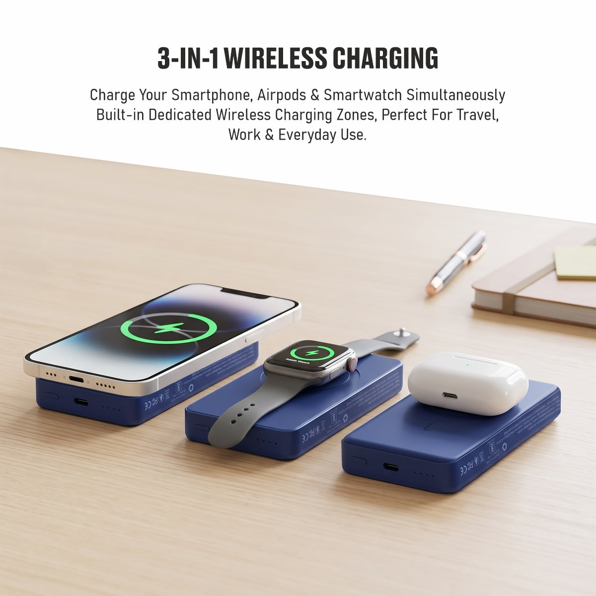 Muvtech Slim Pro 10,000mAh 3-in-1 power bank in Navy Blue, charging an iPhone, Apple Watch and AirPods