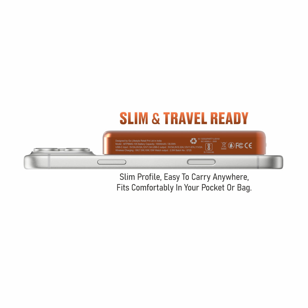 Muvtech Slim Pro 10,000mAh 3-in-1 power bank in Orange, side profile on an iPhone